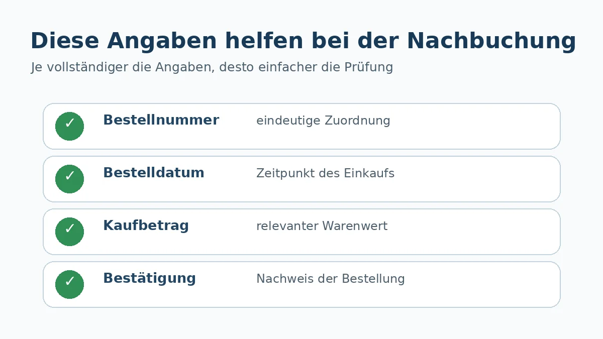 Übersicht wichtiger Angaben für eine Cashback-Nachbuchung wie Bestellnummer und Kaufbetrag