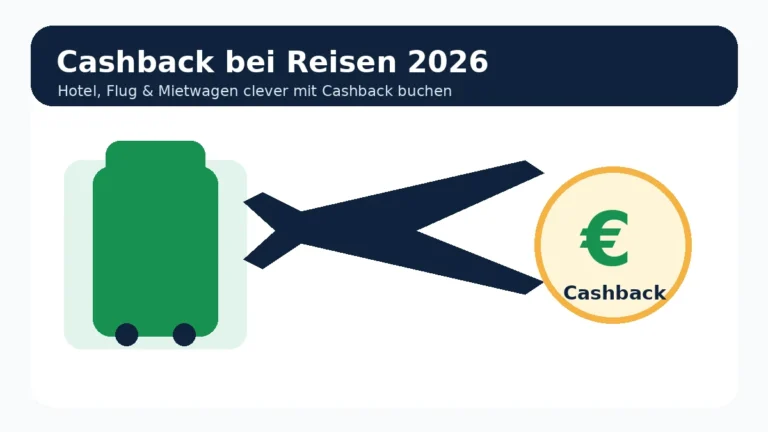 Cashback bei Reisen 2026 mit Koffer, Flugzeug und Euro-Symbol