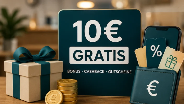 Illustration eines 10-Euro-Bonus als Geschenk und Cashback-Vorteil
