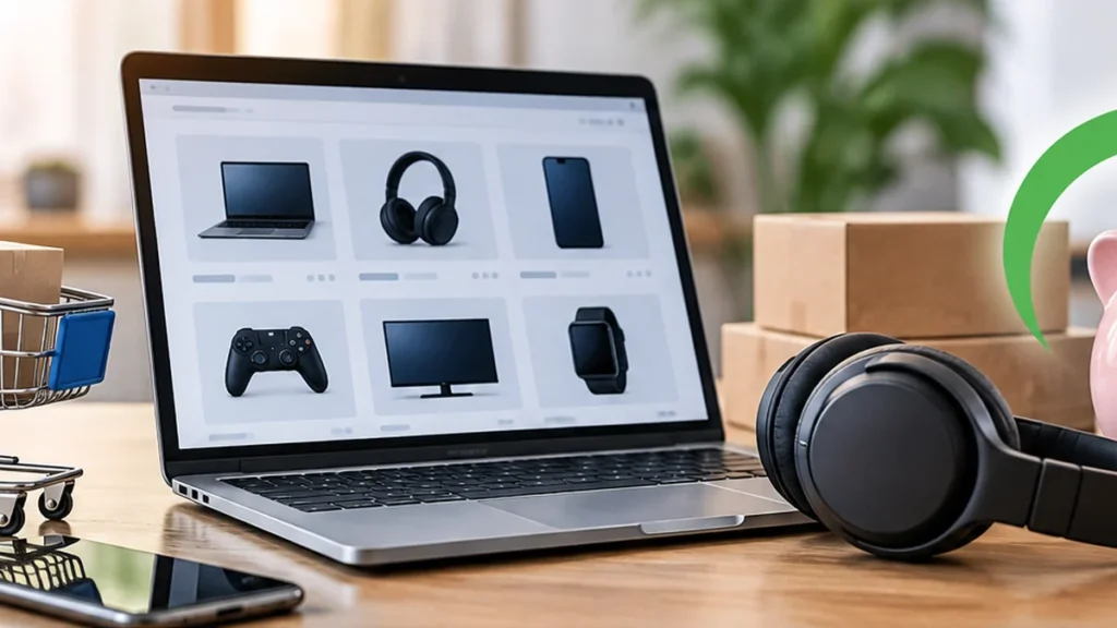 Laptop, Elektronikprodukte, Einkaufskorb und Sparschwein als Symbol für Cashback beim Technikkauf