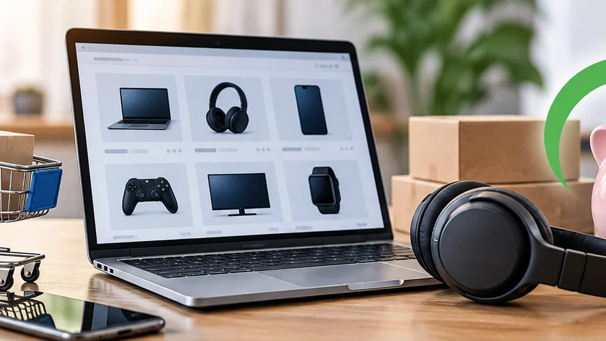 Laptop, Elektronikprodukte, Einkaufskorb und Sparschwein als Symbol für Cashback beim Technikkauf