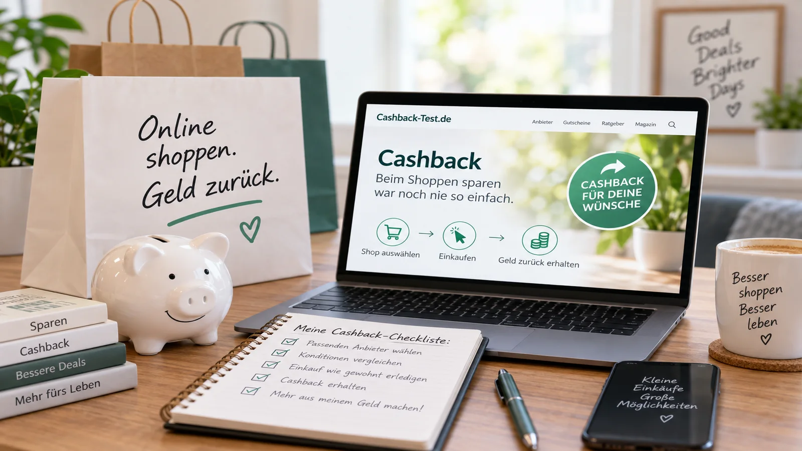 Online-Shopping für Mode mit Cashback, Einkaufstaschen und Sparsymbolen