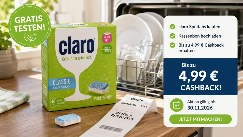 claro claro Spültabs gratis testen – bis zu 4,99 € Cashback