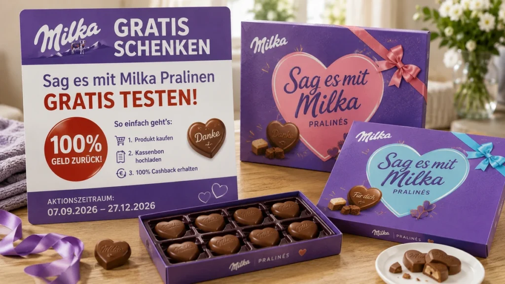 Milka Milka „Gratis schenken“: Sag es mit Milka Pralinen gratis testen